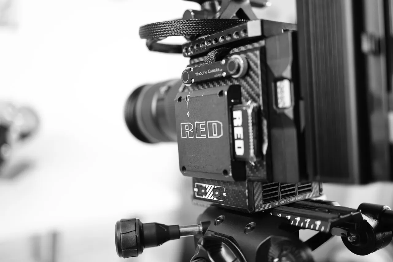 Black and white image of the side of a RED DSMC2 Monstro