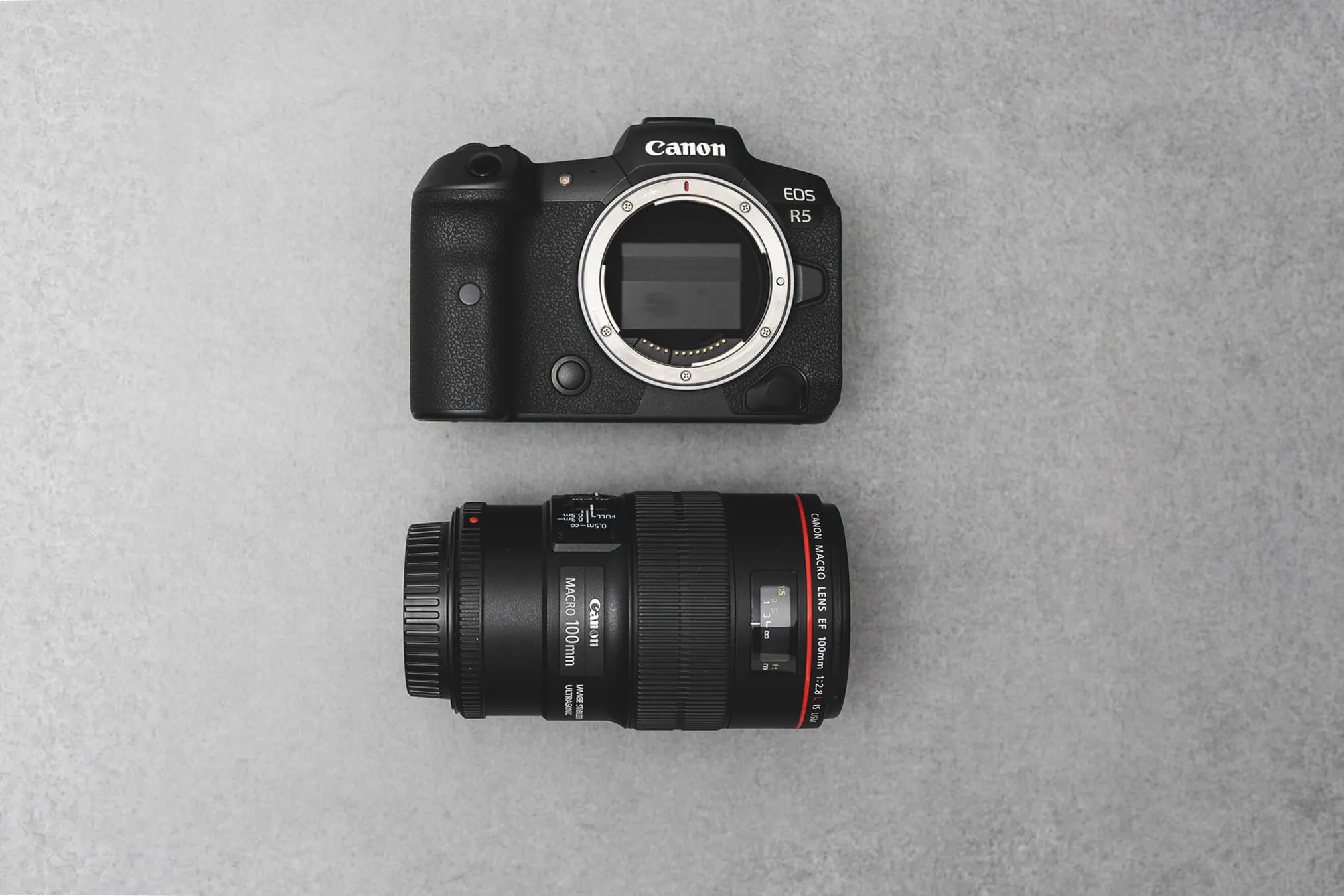 Flatlay of a Canon R5 and 100mm Macro lens