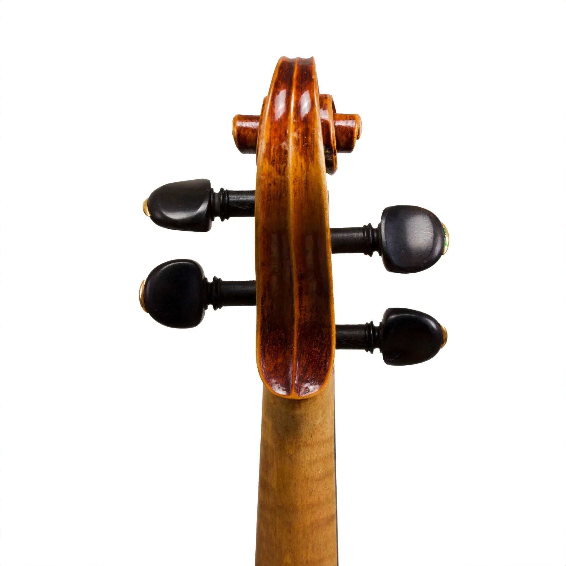 Side view of the scroll and tuning pegs of a violin on a white background